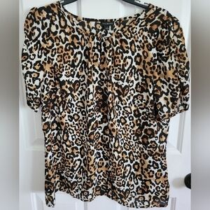 NWT Talbots Womens Brown & Black Leopard Notch-Neck Puff-Sleeve Top Size Medium